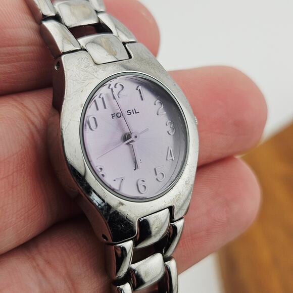 Fossil Silver Tone Purple Dial Watch Open Link Y2K Style Bracelet Band ES-9200 - Picture 3 of 9